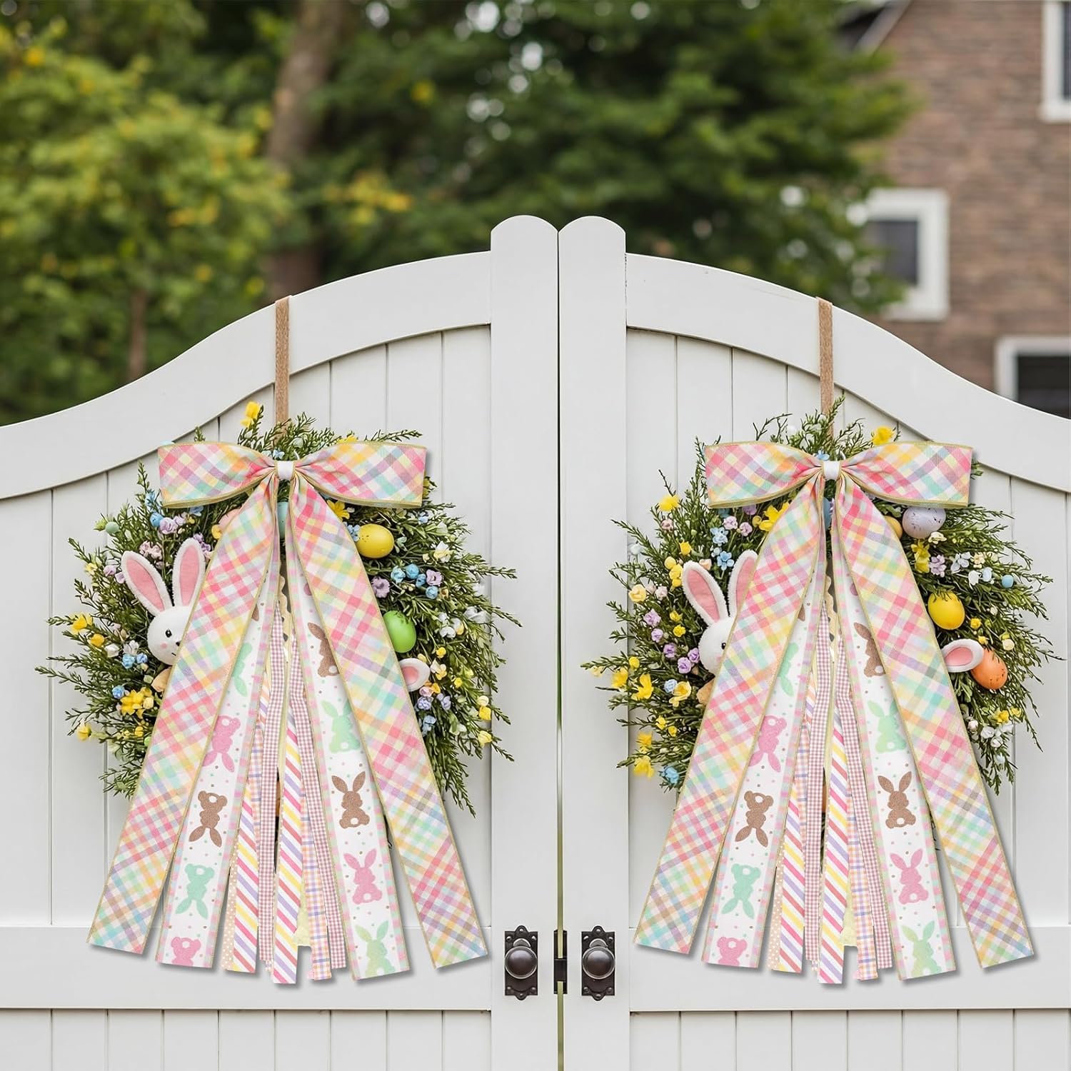 Suncalla Easter Ribbon Bows - Colorful Large Rabbit Decorations for Wreaths & Doors | 2 Pcs Set