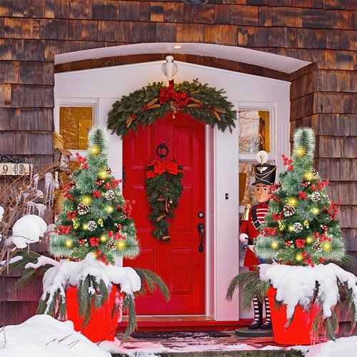 Juegoal Pre-Lit Pathway Christmas Trees - 30 Inch Artificial Urn Filler with 60 LED Lights, Red Berries & Pine Cones