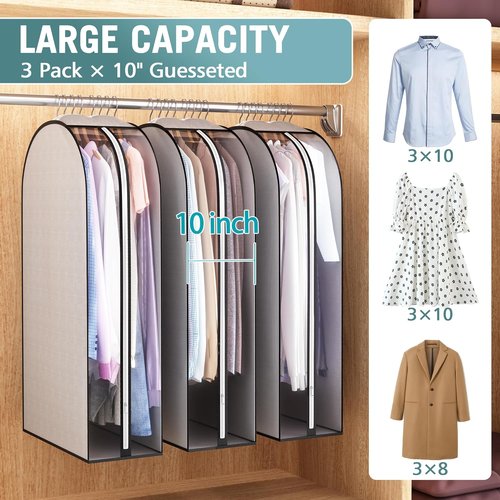 Liuoud 10" Gusseted Garment Bags - 40" Suit Bags with Clear Side Cover for Clothes Storage | 3-Pack, Grey