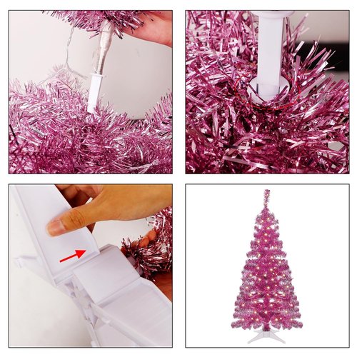 Juegoal Pink Artificial Tree, 4 FT Pre-lit Christmas Tree, Lighted Tinsel Pencil Pine Spruce Trees with Warm White Lights, 8 Lighting Mode Battery Powered for Xmas Holiday Winter Home Party Decor