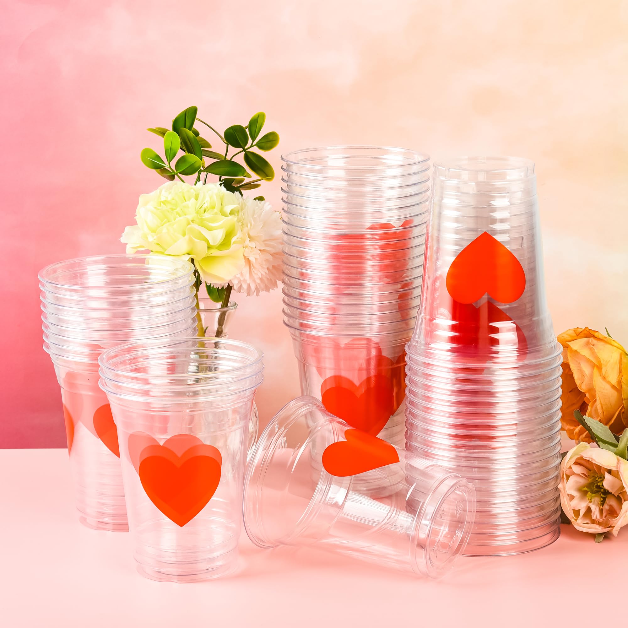 AimFun 50Pcs Valentine's Day Plastic Cups Red Heart Party Cups 12oz Clear Heart Disposable Drinking Cups for Valentines Wedding Galentine's Day Anniversary Party Supplies