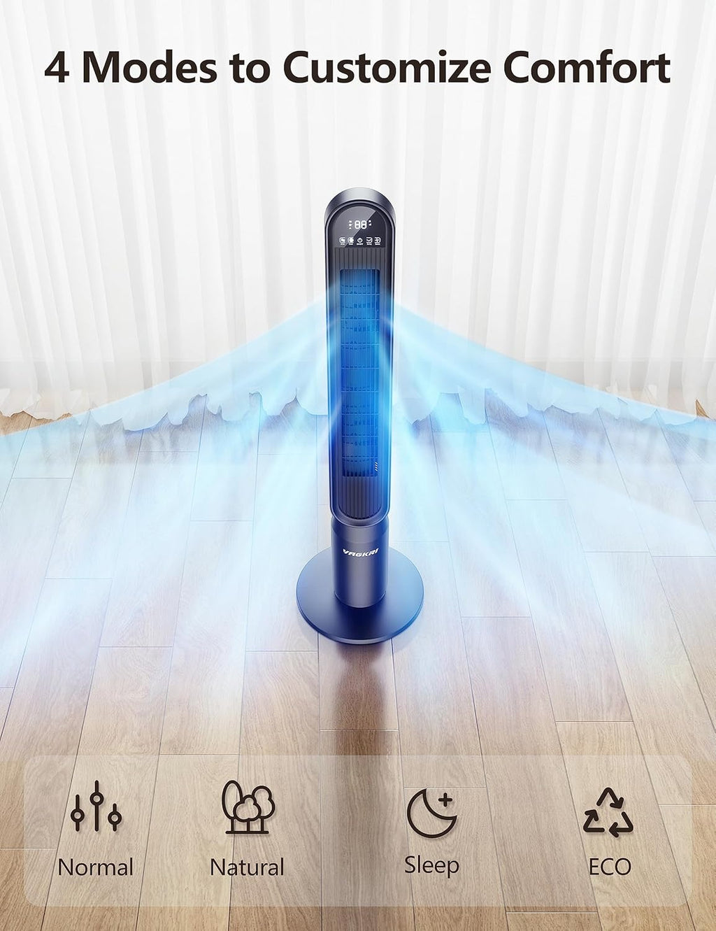 VAGKRI 42-Inch Quiet Tower Fan - Bladeless Design with 135° Oscillation & 4 Speed Modes | Remote Control, Black