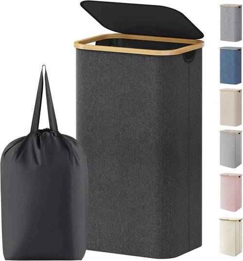 Lifewit 100L Laundry Basket - Foldable Hamper with Lid & Bamboo Handles | Dark Gray, Large Capacity