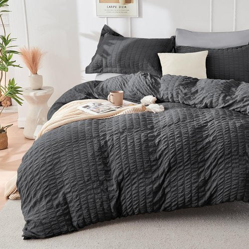 HYMOKEGE Queen Comforter Set - Luxury 7-Piece Bedding Set in Dark Grey/Light Grey for All Seasons