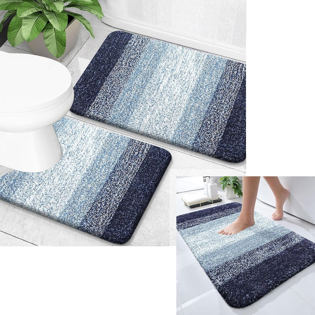 OLANLY Ombre Bath Rug Set - Soft & Absorbent 2-Piece Bathroom Rugs | Airy Blue, 24x16 & 24x20 Inches
