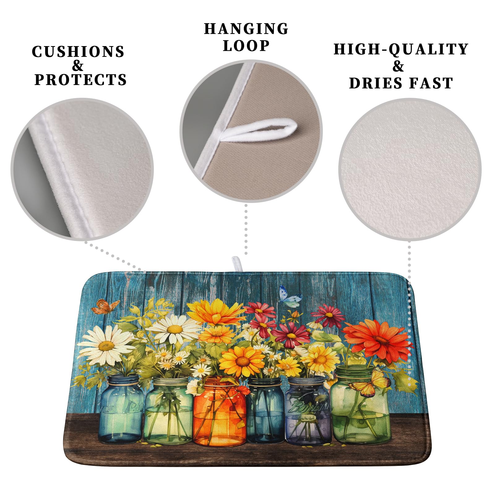 Daisy Dish Drying Mat for Kitchen Counter 18x24 Inch Rustic Vintage Flower Vases Drying Mats Microfiber Absorbent Dishes Drainer Mats Farmhouse Floral Wooden Board Dish Rack Pad