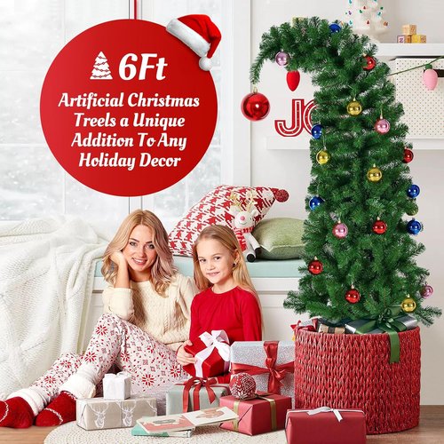 Hatisan 6FT Artificial Christmas Tree - Bent Green Design with Ball Ornaments & Metal Base | Holiday Decor