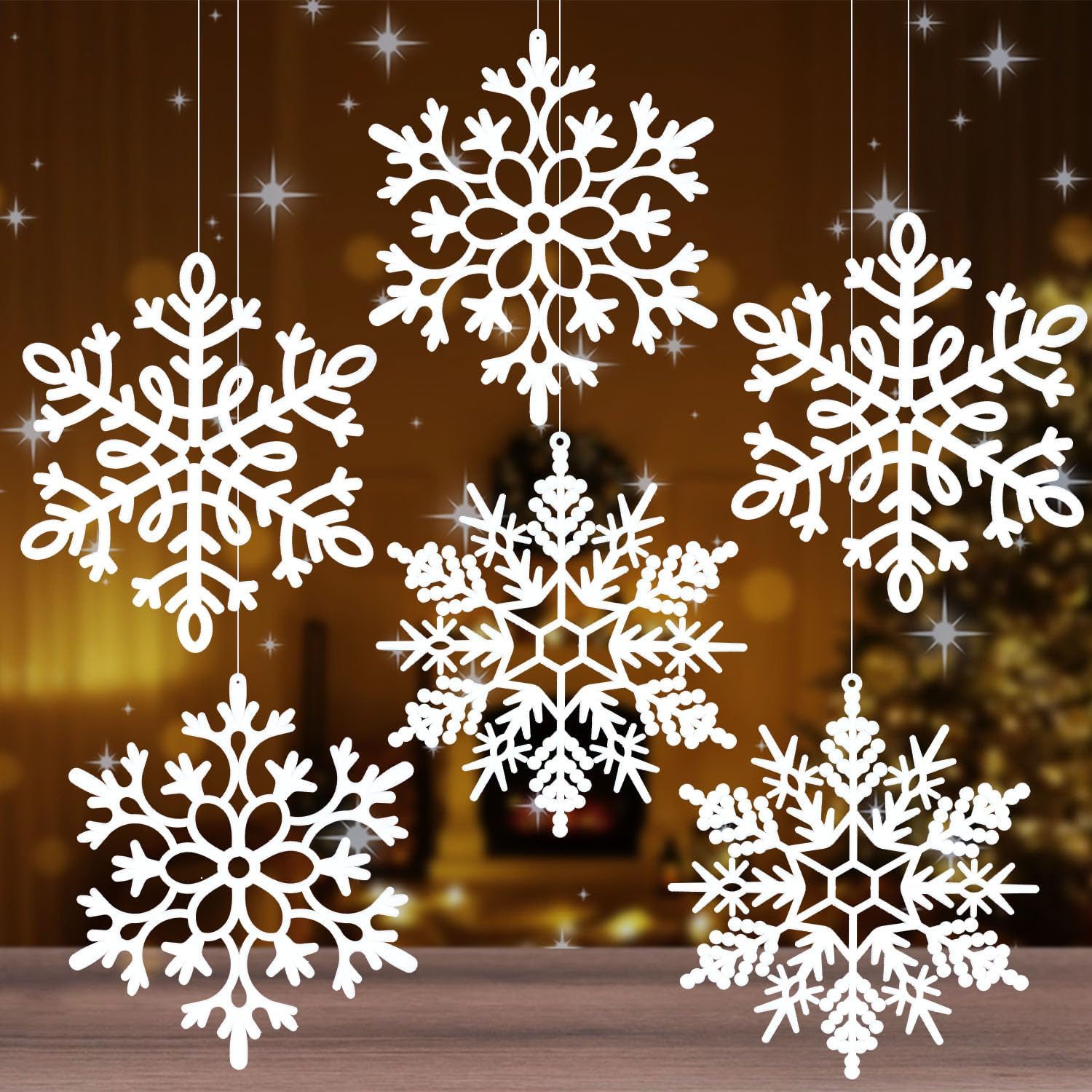 Skiennix Christmas Snowflake Ornaments - Large White Hanging Decorations for Holiday Decor | Set of 6