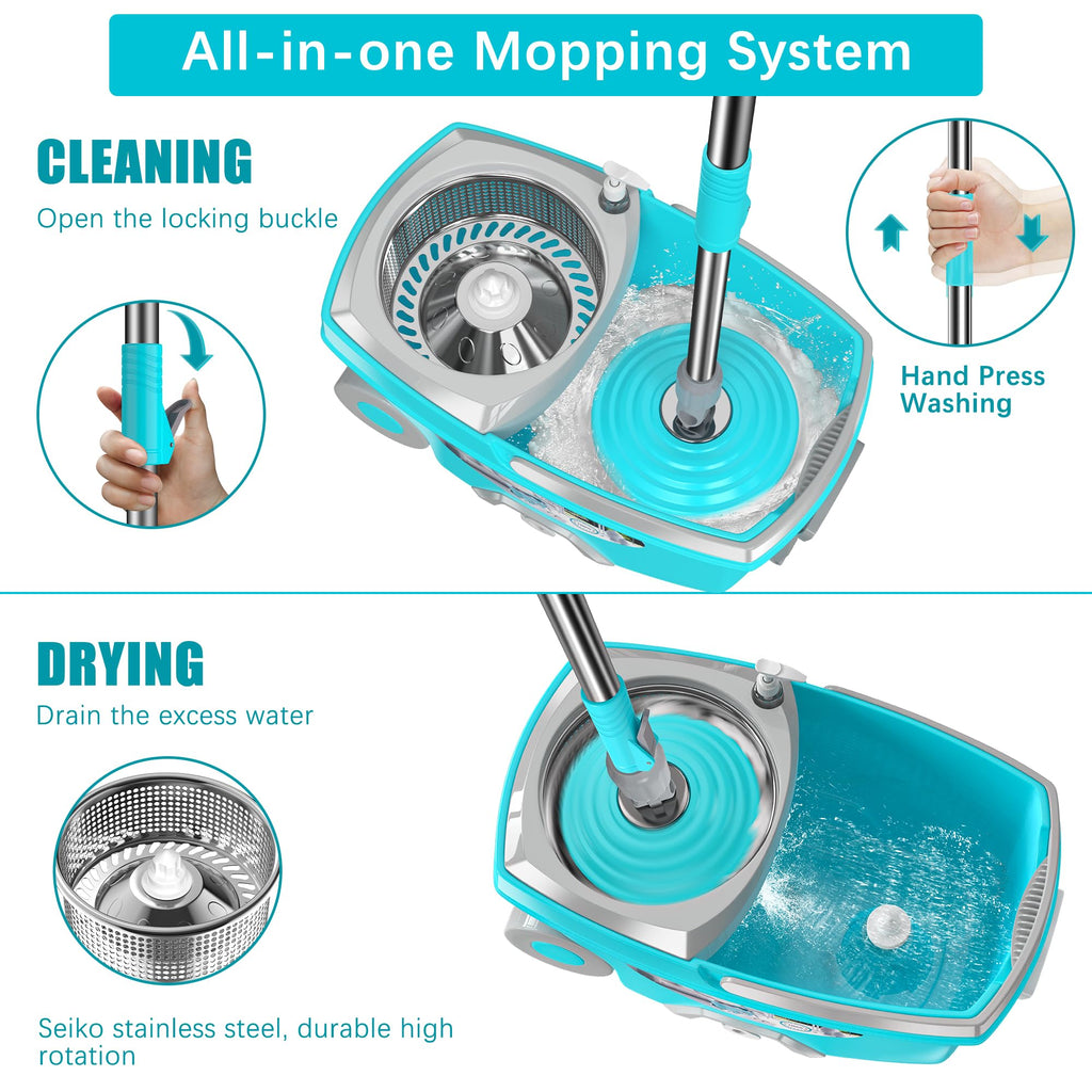 FunClean Spin Mop and Bucket for Home Cleaning, 360° Rotating Floor Mop with Wringer, Adjustable 61" Handle for Back Pain Relief, 6 Microfiber Replacement Heads, 2 Easy-Move Wheels - Blue