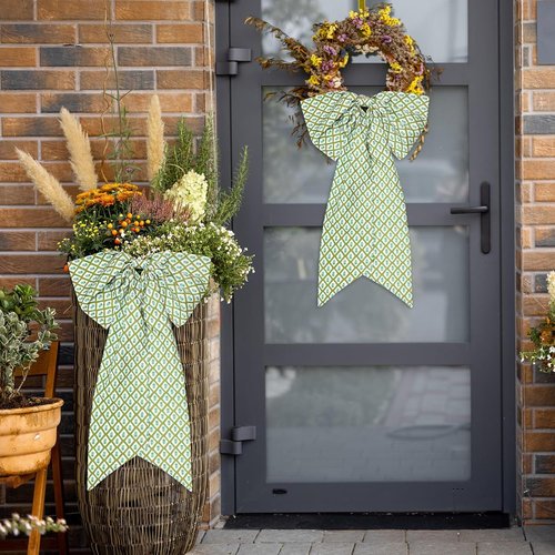 HunnmingRe Christmas Wreath Sash - 2 Pcs Green Block Print Bow | 24 x 16 Inch Holiday Decor