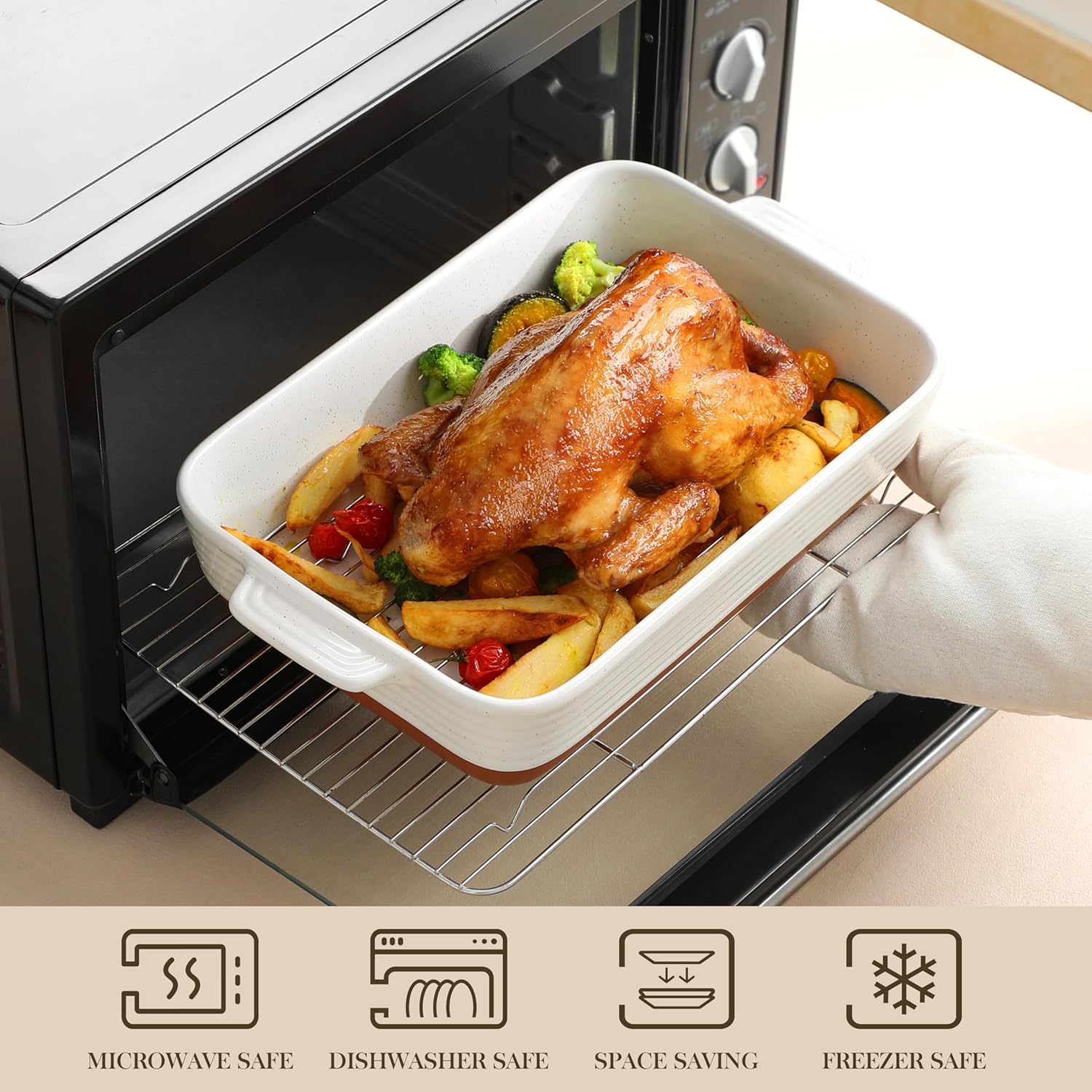 MALACASA 4.8 Qt Ceramic Baking Dish - Deep Roasting Pan with Stainless Steel Rack & Handles | 9x13 Inch, Khaki & White