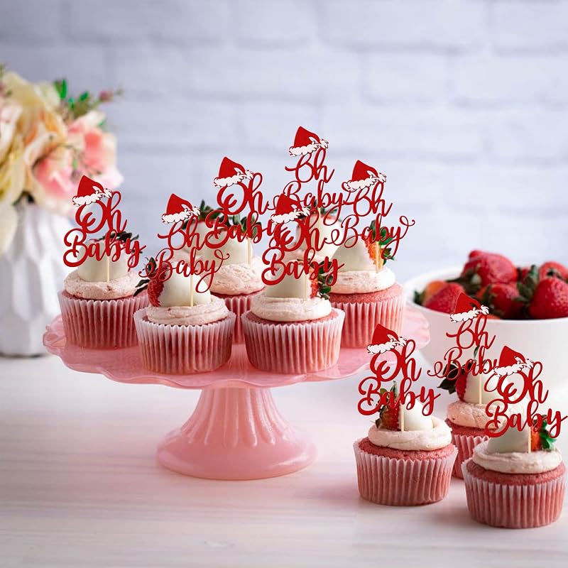 Oh Baby Cupcake Toppers 24 Pcs Red Glitter Santa Hat - Design 6 for Merry Christmas Baby Shower