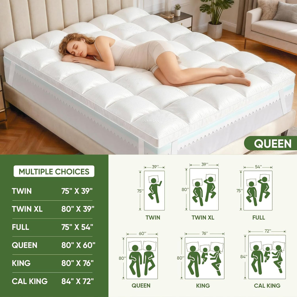 Skiennix Extra Thick Memory Foam Mattress Topper - Dual Layer 2.5" Gel Foam & Bamboo Pillow Top | Queen Size 80x60x5in