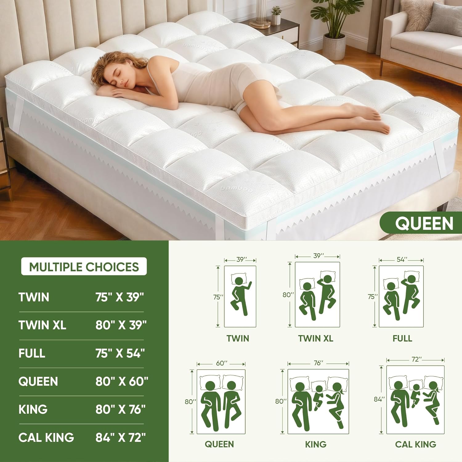 Skiennix Extra Thick Memory Foam Mattress Topper - Dual Layer 2.5" Gel Foam & Bamboo Pillow Top | Queen Size 80x60x5in