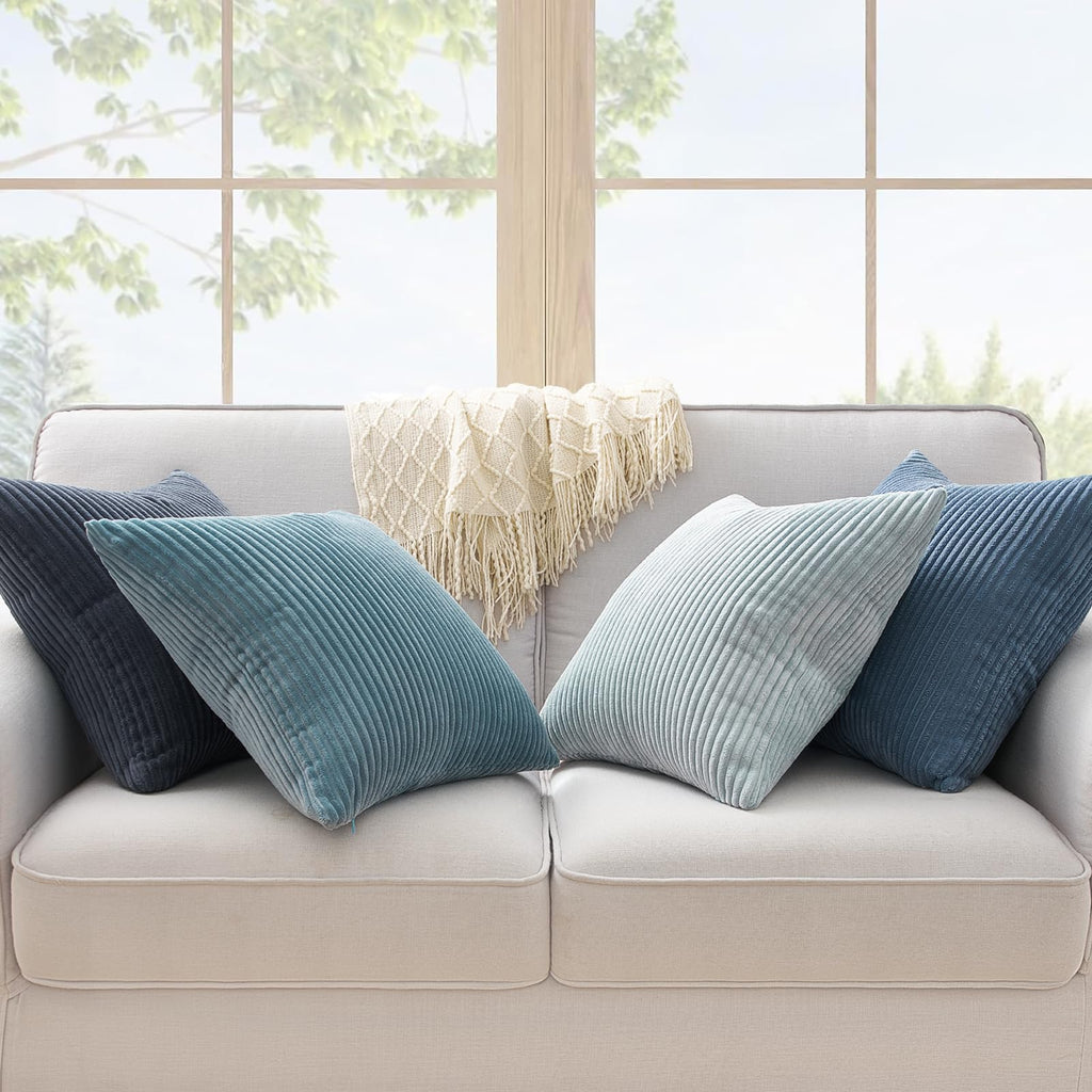 Topfinel BlueGray Throw Pillow Covers 18x18 Inch Set of 4,Soft Accent Corduroy Decorative Cushion Cover,Square Modern Pillow Case for Beach,Patio,Balcony,Living Room,Summer Gradient Shams Home Decor