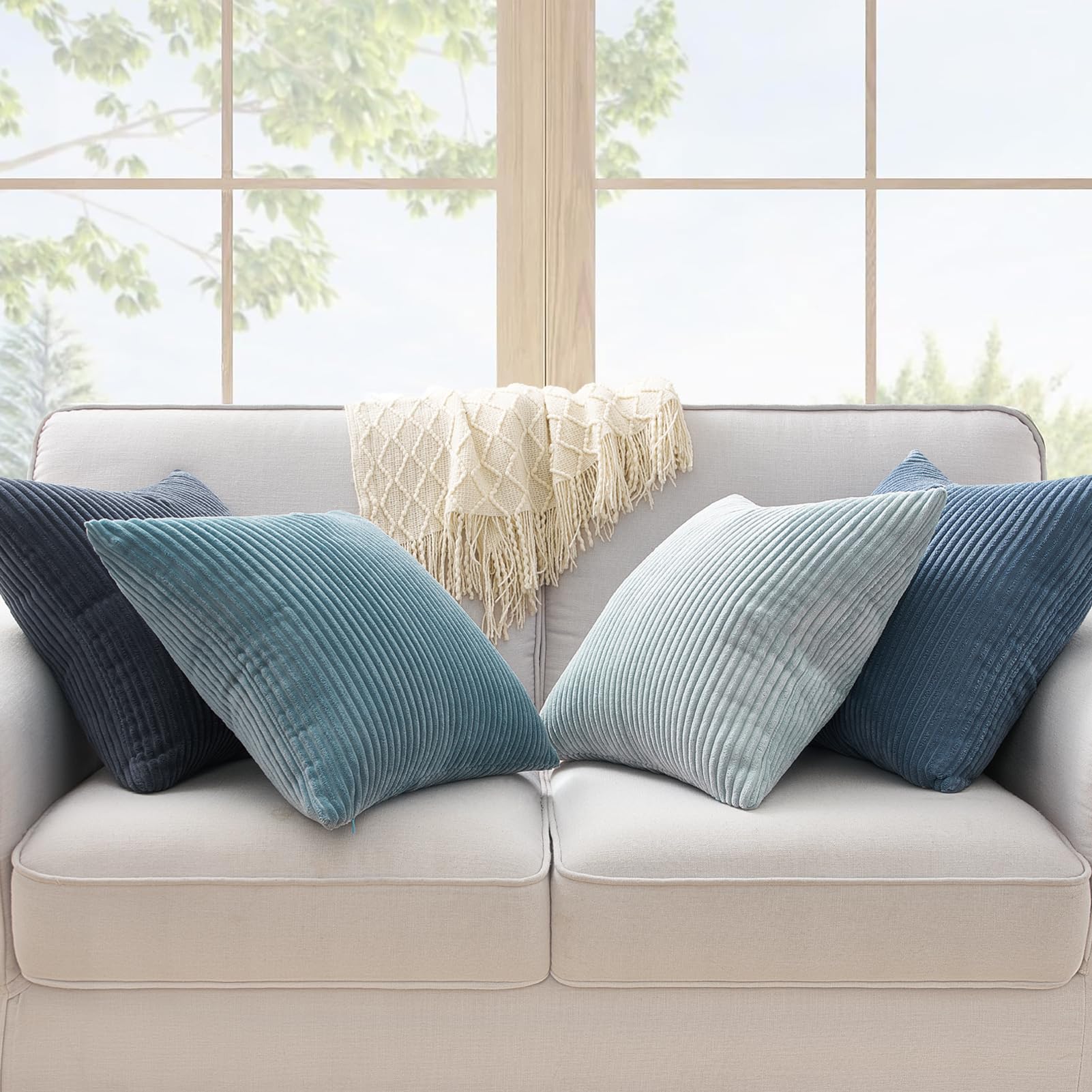 Topfinel BlueGray Throw Pillow Covers 18x18 Inch Set of 4,Soft Accent Corduroy Decorative Cushion Cover,Square Modern Pillow Case for Beach,Patio,Balcony,Living Room,Summer Gradient Shams Home Decor