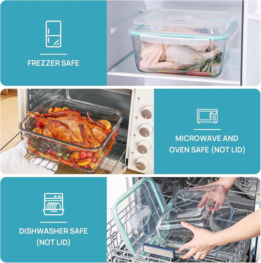 Vtopmart Extra Large Glass Food Storage Containers - 6.5L BPA Free with Airtight Snap Lids | Perfect for Roasting Turkey, Baking Casseroles, and Storing Fruits
