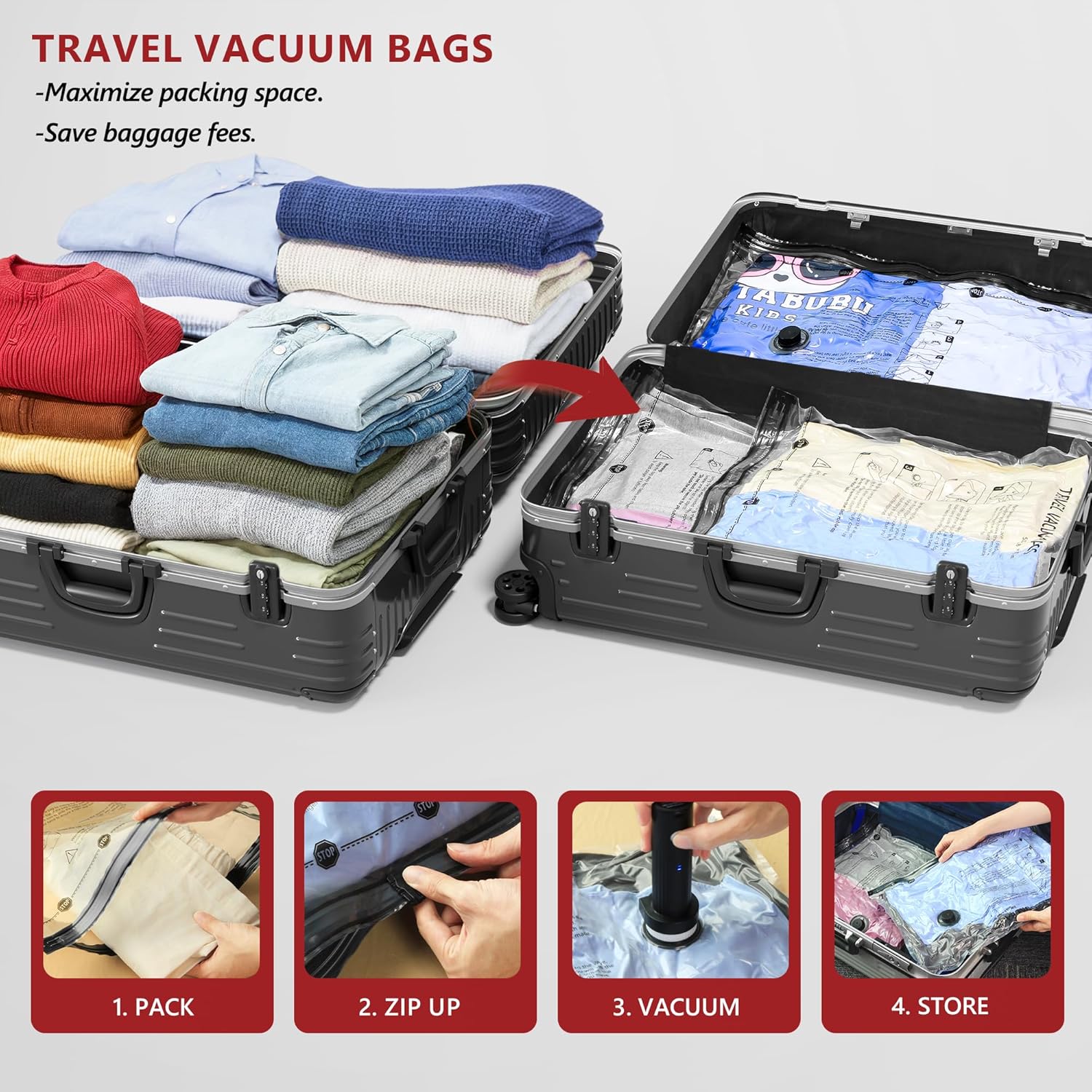 Skiennix Travel Vacuum Bags - Compression Packing Cubes with Rechargeable Electric Pump | 8 Small Space Saver Bags for Luggage