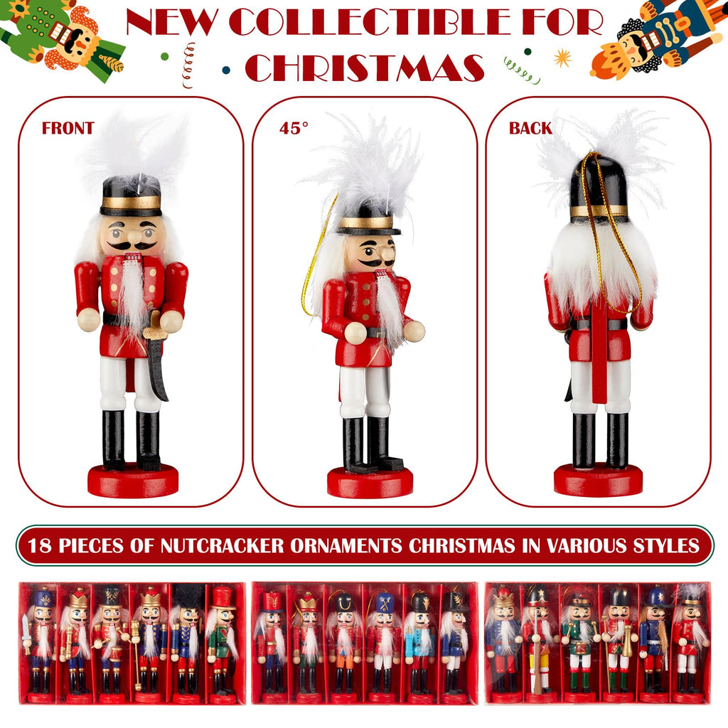 Liliful Christmas Nutcracker Ornament Set 18 Pcs Nutcracker Soldier Christmas Decoration Wooden Hanging Ornaments for Xmas Tree Figure Puppet Toy Present(Classic Style)