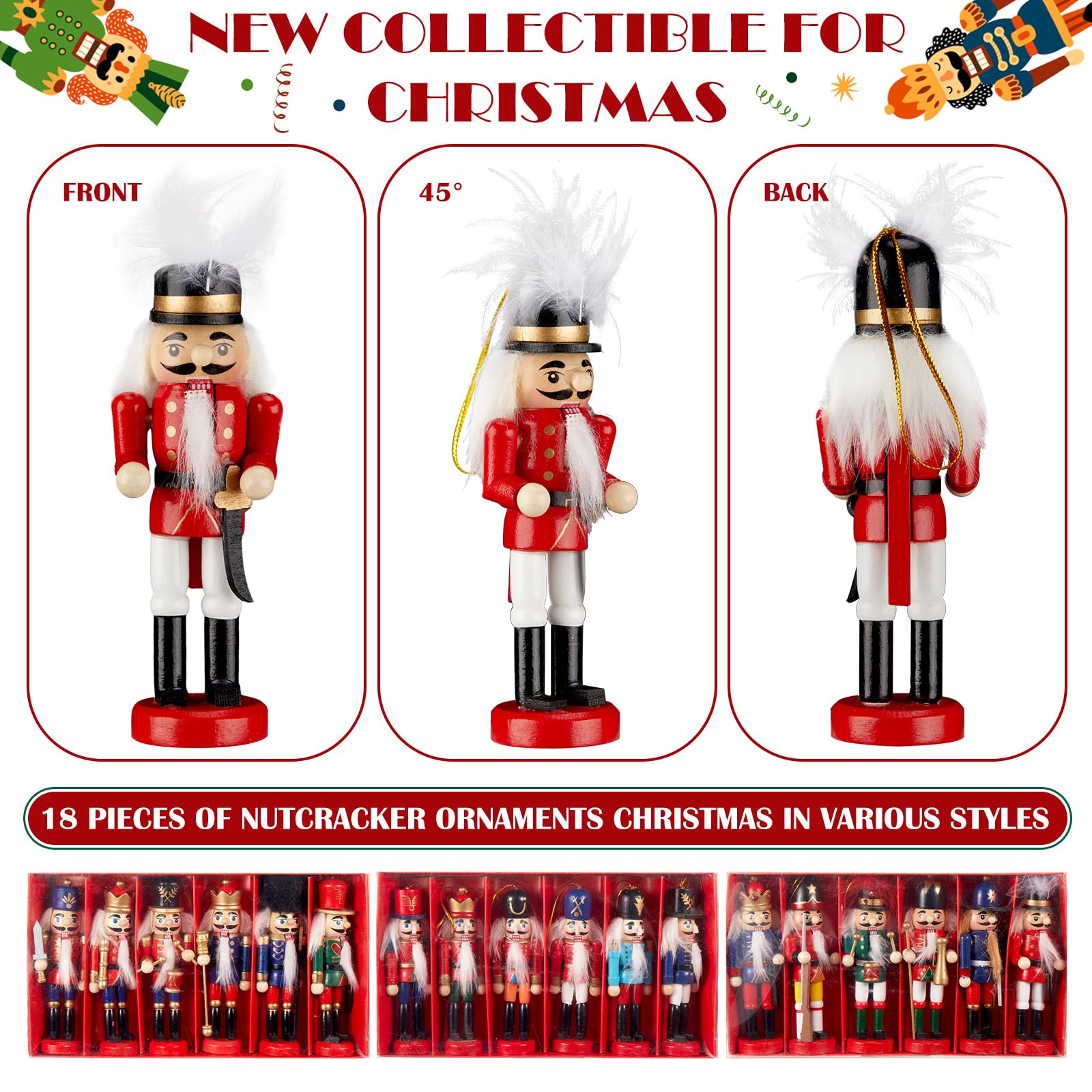 Liliful Christmas Nutcracker Ornament Set 18 Pcs Nutcracker Soldier Christmas Decoration Wooden Hanging Ornaments for Xmas Tree Figure Puppet Toy Present(Classic Style)
