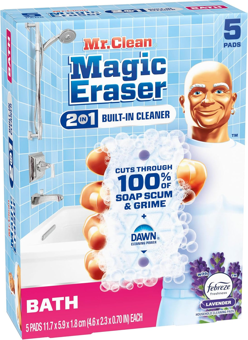 Mr. Clean Magic Eraser Sponge - Powerful Bathroom Cleaner with Febreze Lavender Scent | 5 Count
