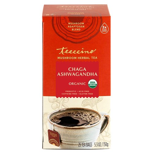 Teeccino Chaga Ashwagandha Herbal Tea - Butterscotch Cream, Organic Mushroom Adaptogenic, Prebiotic, Caffeine Free, Gluten Free - 25 Tea Bags (Pack of 3)