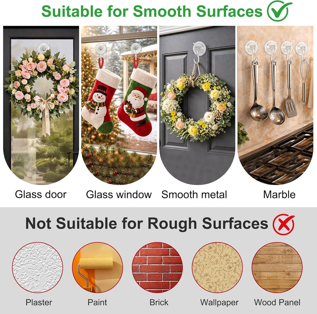 Skiennix 6 Pcs Suction Cup Wreath Hangers - Heavy Duty No-Damage Hooks for Glass & Tile Walls