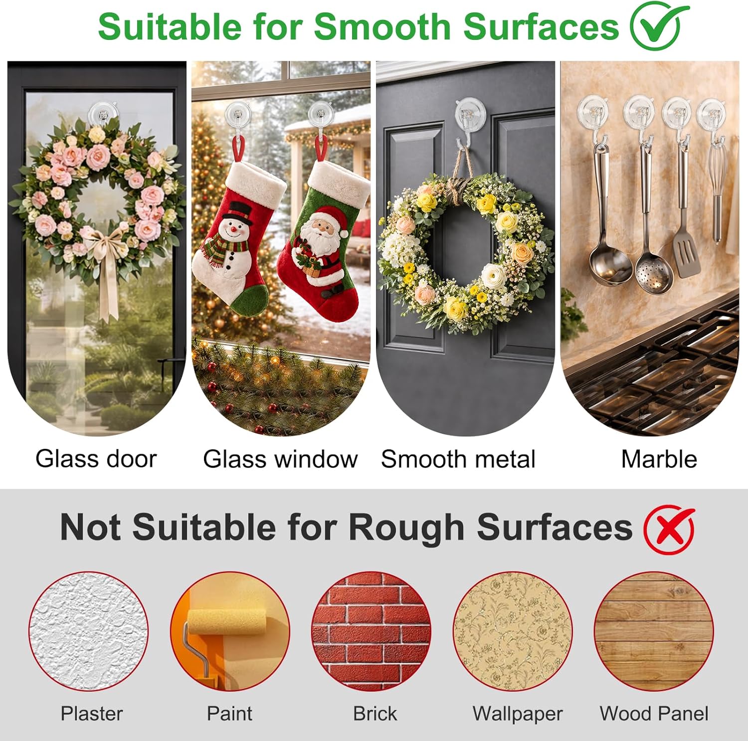 Skiennix 6 Pcs Suction Cup Wreath Hangers - Heavy Duty No-Damage Hooks for Glass & Tile Walls