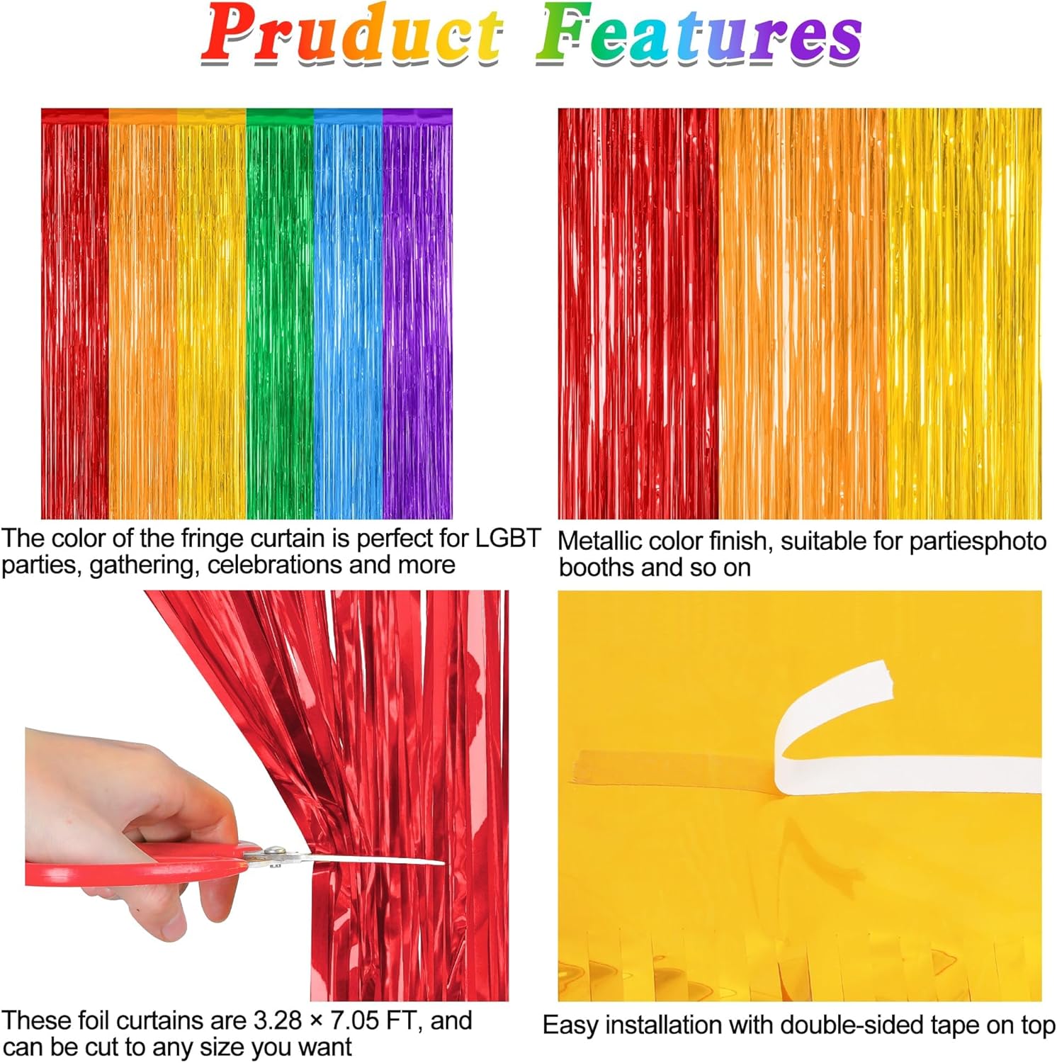 ZATAYE Rainbow Backdrop - 4 Pack Metallic LGBT Party Decor | 3.28 FT x 7.05 FT Tinsel Streamers