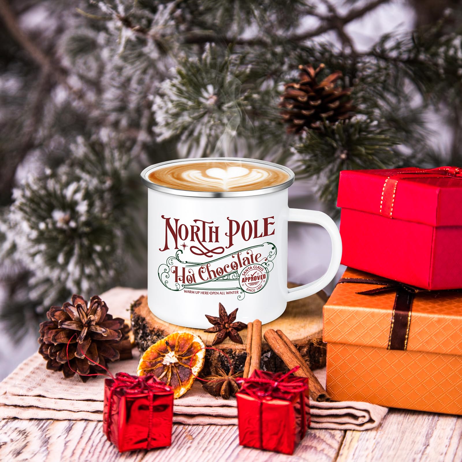Yaomiao 20 Pcs Christmas Coffee Mugs North Pole Hot Cocoa Chocolate Mugs Santa Xmas Enamel Cup with Handle for Holiday Gift Family Employee Christmas Party Vacation Cup (Stainless Steel,Enamel)