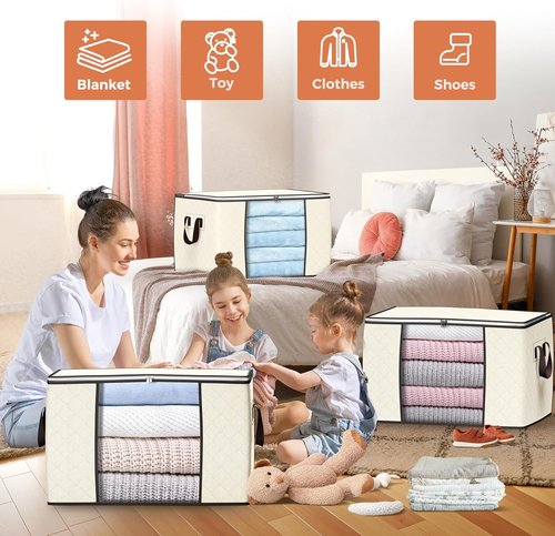 90L Large Storage Bags by [Brand Name] - Foldable Closet Organizers with Reinforced Handles | Beige, 4 Pack for Clothes, Blankets, and Toys