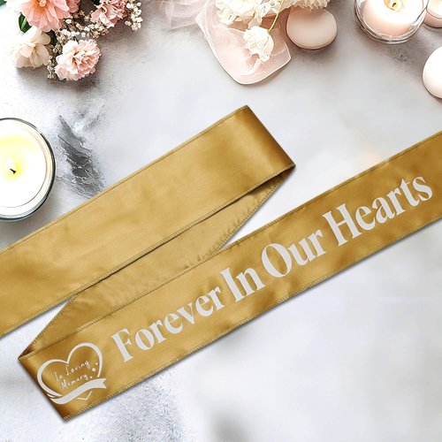 Elegant Funeral Wreath Sash - Forever in Our Hearts Memorial Ribbon for Graves & Wreaths (Golden)