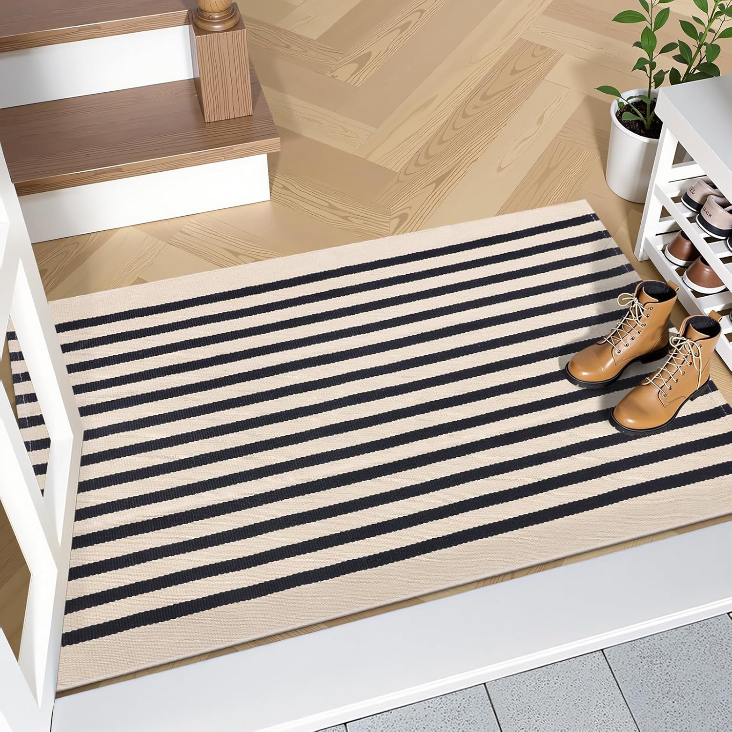 OLANLY Striped Rug - Washable Beige and Black Cotton Doormat | 2'4" x 3'7" for Indoor/Outdoor Use