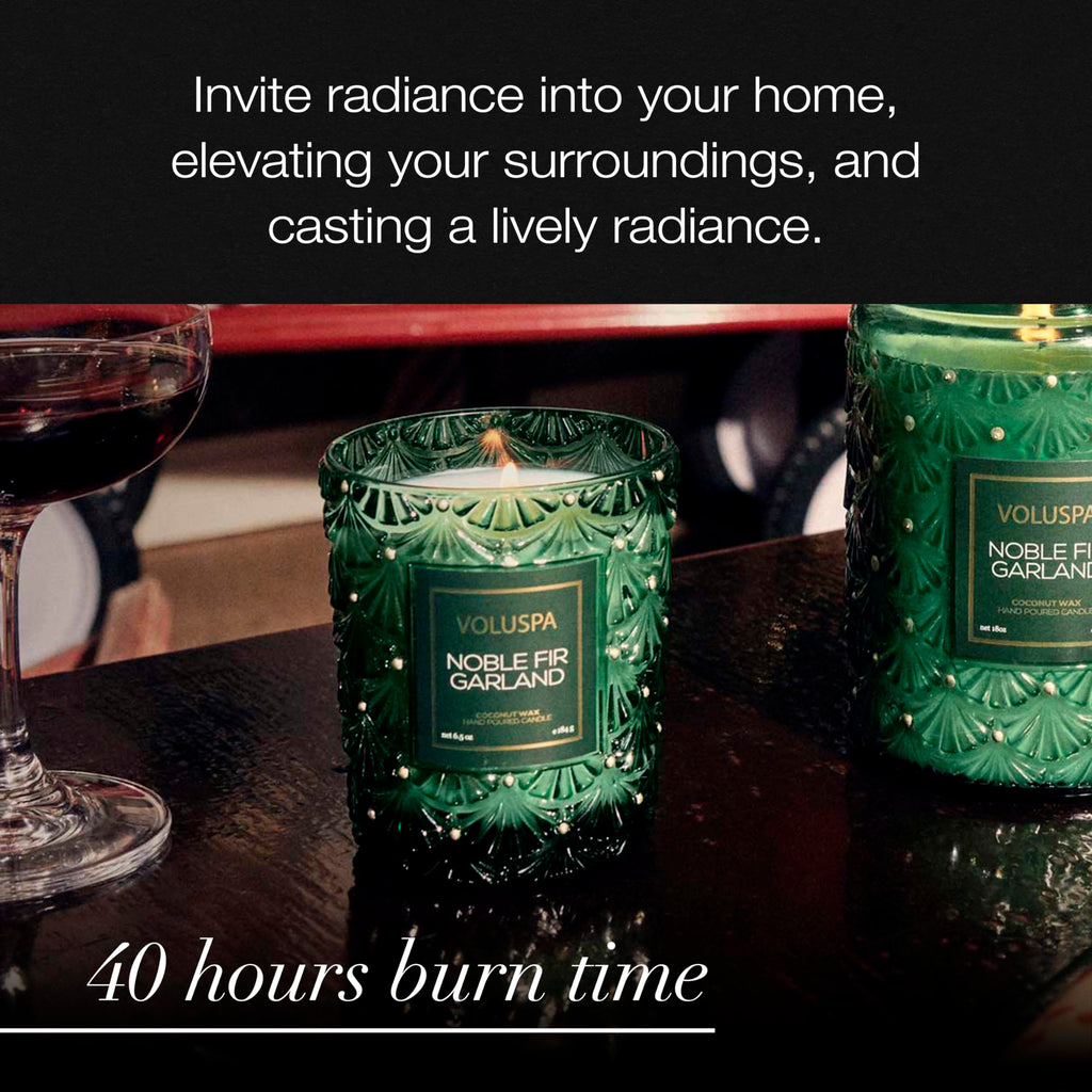 Voluspa Noble Fir Garland Boxed Candle, 6.5 oz, Coconut Wax Blend, Scented Candles for Home, 40 Hour Burn Time, Handcrafted in the USA