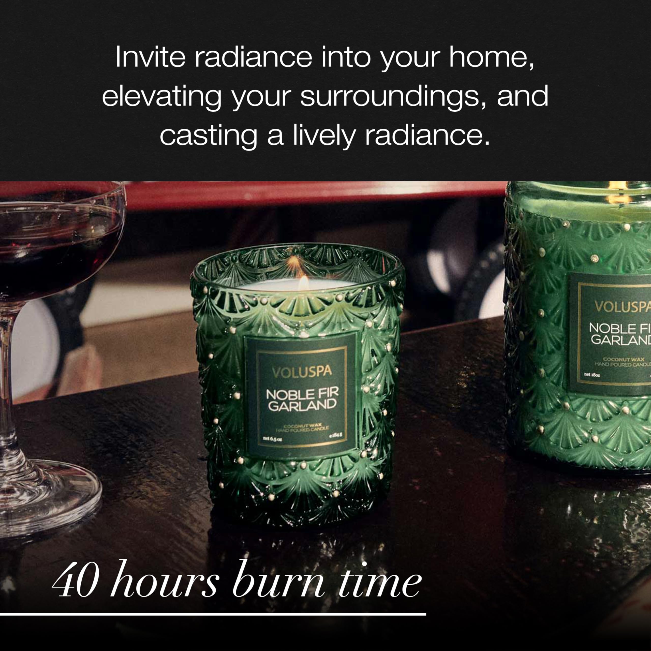 Voluspa Noble Fir Garland Boxed Candle, 6.5 oz, Coconut Wax Blend, Scented Candles for Home, 40 Hour Burn Time, Handcrafted in the USA