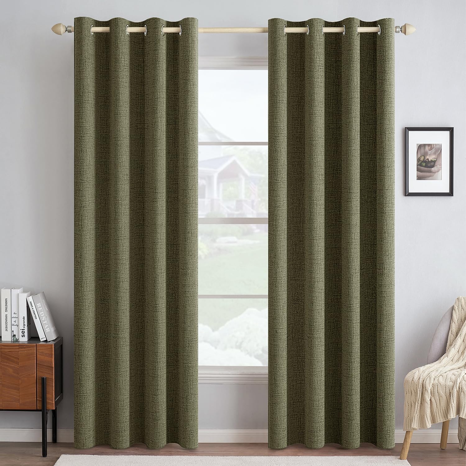 MIULEE Blackout Curtains - 100% Thermal Insulated Linen Texture Drapes | Light Olive Green, 52x84 Inch (2 Panels)