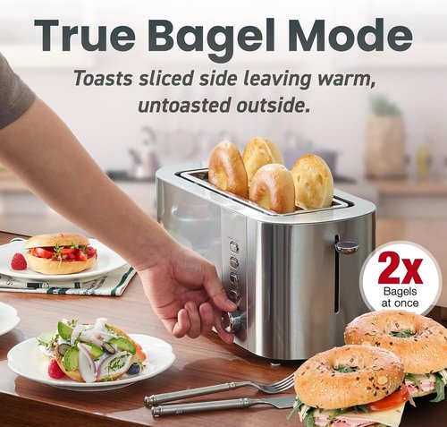 Elite Gourmet ECT4123X Long Slot 4-Slice Toaster - Extra Wide Slots, 6 Shade Settings, Stainless Steel