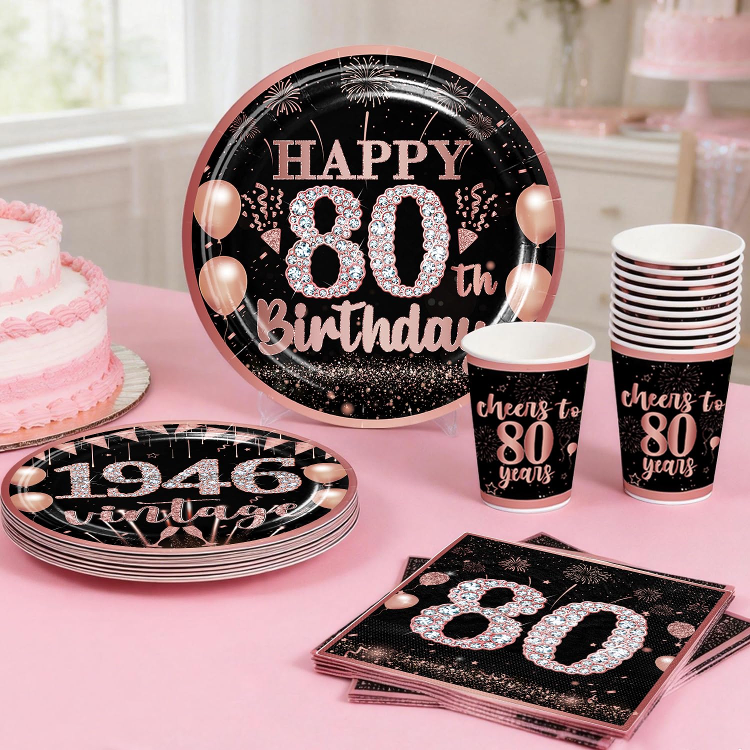 Yingoto 170pcs 80th Birthday Decorations for Women Tableware Set, 1946 Birthday Decorations with Banner Plates Napkins Cups Tablecloth and Cake Topper for 80th Birthday Decorations, Serve 25