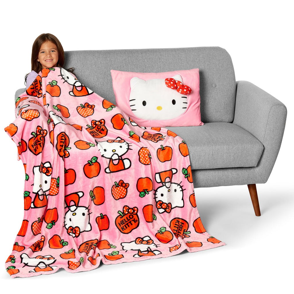 Northwest Sanrio Hello Kitty Forever Sweet Silk Touch Throw Blanket 50" x 60" with 3D Plush Pocket Pillow 14" x 20" – Comfy Hello Kitty Plush Blanket and Pillow Set