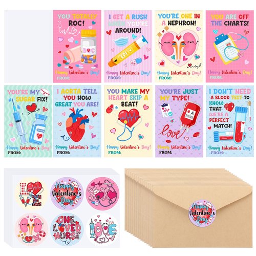 Eaasty 36 Set Funny Valentine's Day Medical Cards Valentine's Day Medical Pun Cards with Envelopes and Stickers Valentines Gifts Party Favors for Nurse Doctor Healthcare Workers
