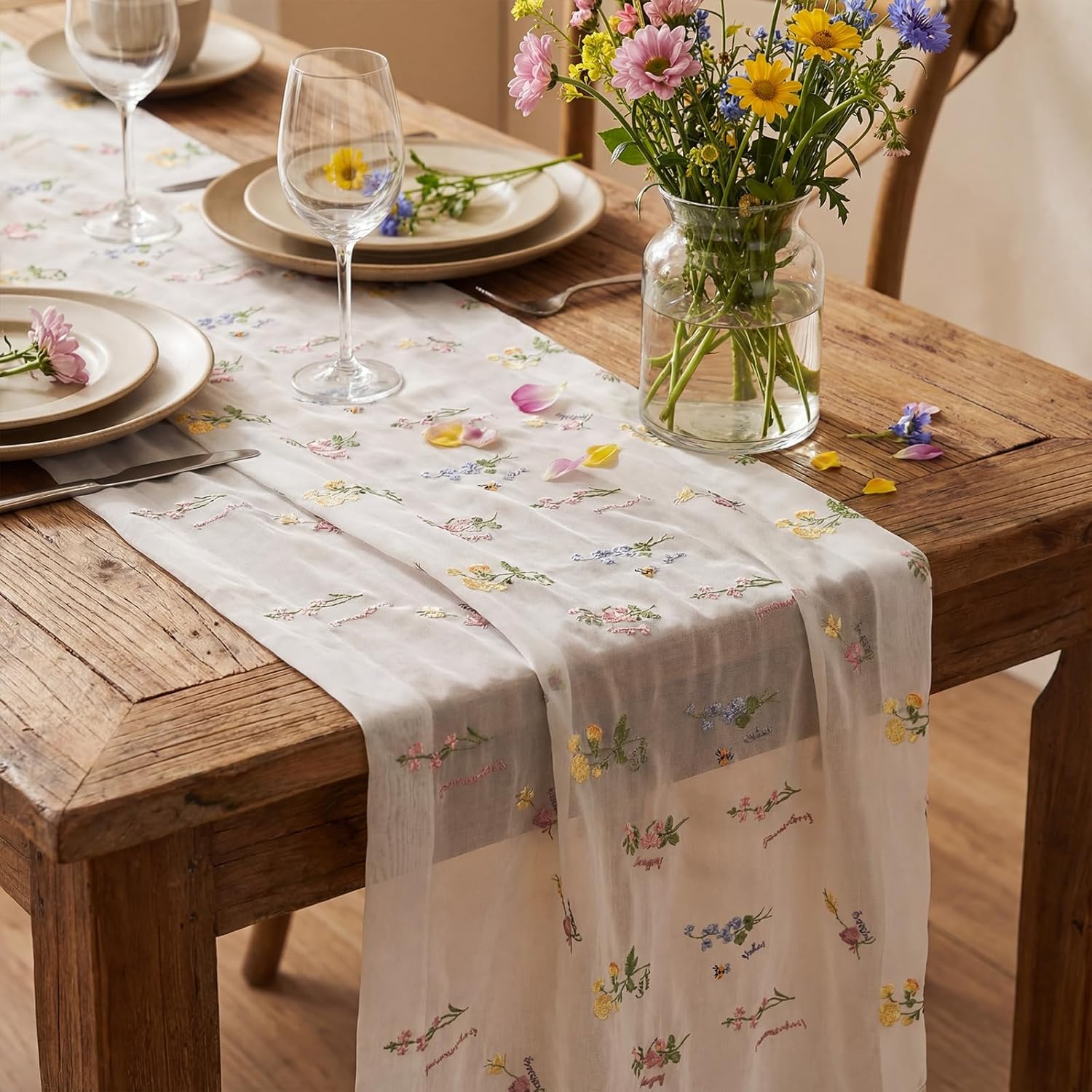 Remagr Floral Table Runner - 9.8 ft Embroidered Tulle for Home Decor, Weddings & Parties