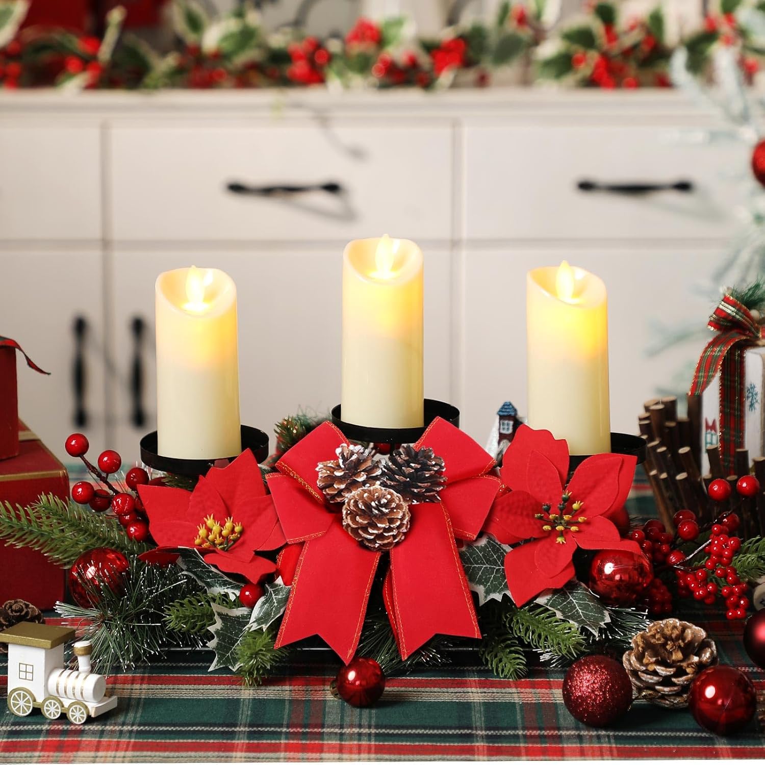 Regine Switzerland Christmas Centerpiece - 3 Candle Holders with LED Candles & String Lights | Poinsettia Red Buffalo Plaid Decor