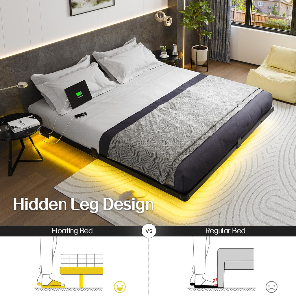 Liians King Size Floating Bed Frame with Smart LED Lights and USB Charging Station, Modern Sturdy Metal Platform, Noise Free, No Box Spring Needed Easy Assembly