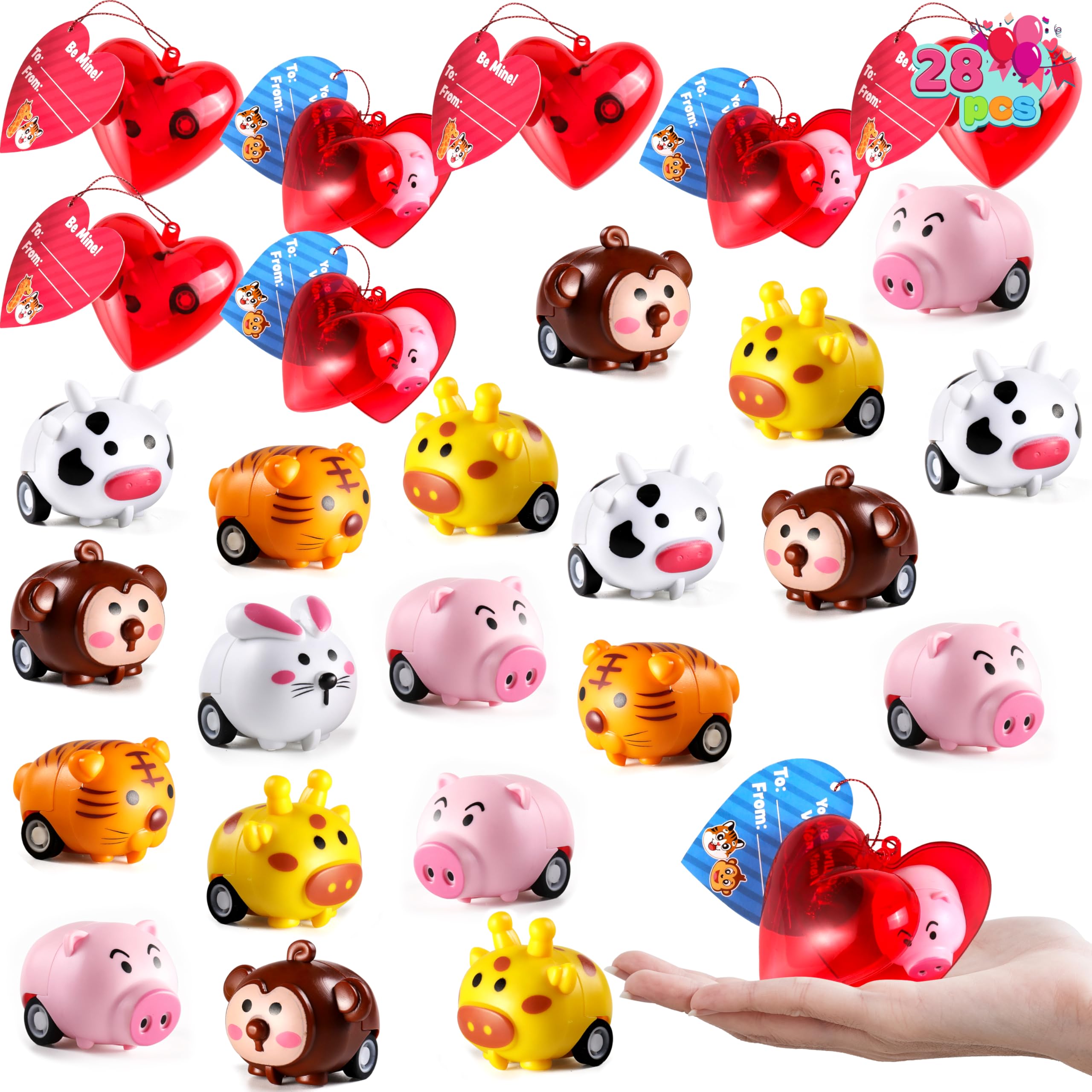 JOYIN 28 Pack Valentine Day Animals Pull Back Vehicles for Kids with Gift Cards and Filled Hearts, Go Car Toy Sets for Toddlers Kids Valentine School Classroom Exchange
