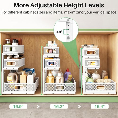 Kitstorack Under Sink Organizer - 3-Tier Adjustable Metal Shelf | 2-Pack for Bathroom & Kitchen Storage