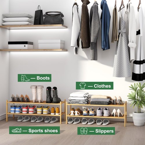 kiplant Long Shoe Rack, 2-Tier Bamboo Wood Shoe Rack, Stackable for Closet, Entryway & Hallway