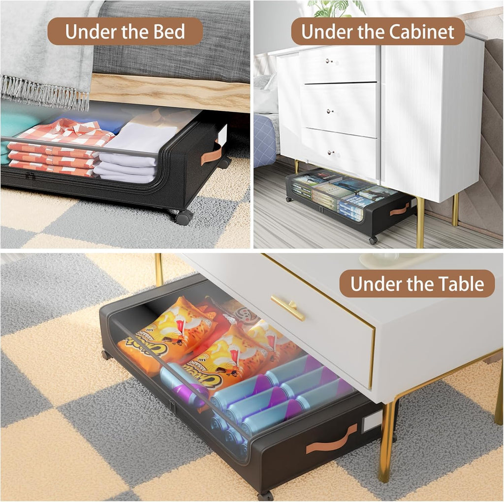 UnderBed Storage | XXL 60L Clear Lid Containers with Wheels - 2 Pack for Clothes, Shoes, Blankets (Black)