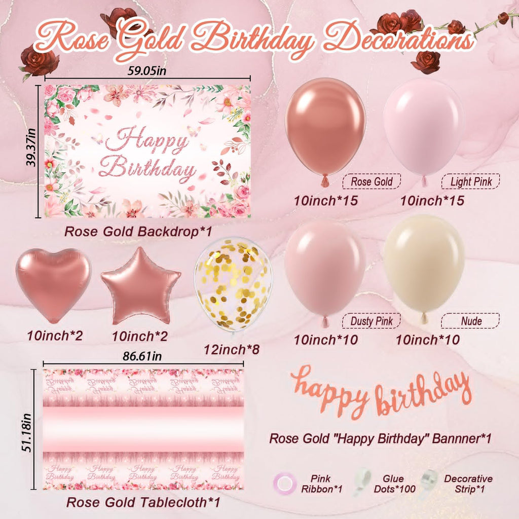 Rose Gold Birthday Decorations, Rose Gold Pink Nude Balloons Happy Birthday Banner Rose Gold Tablecloth Backdrop for Happy Birthday Decorations for Women Adults