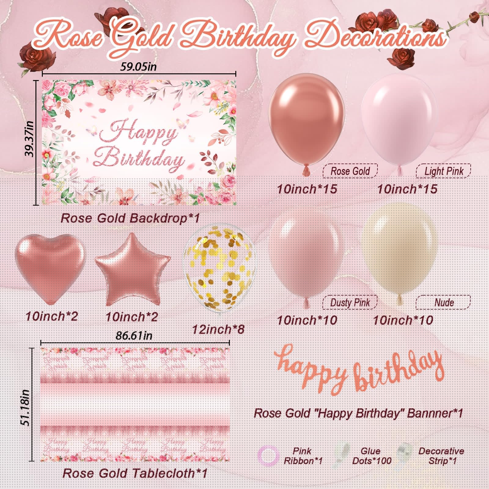 Rose Gold Birthday Decorations, Rose Gold Pink Nude Balloons Happy Birthday Banner Rose Gold Tablecloth Backdrop for Happy Birthday Decorations for Women Adults
