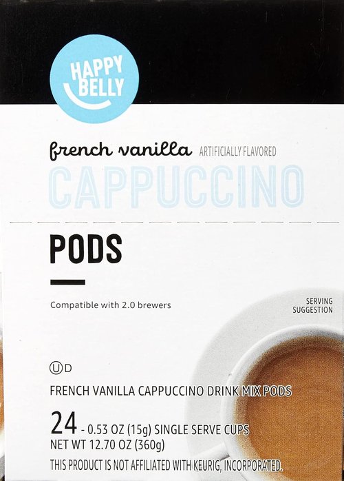 Happy Belly Cappuccino Coffee Pods - Light Roast French Vanilla Flavor | Compatible with 2.0 K-Cup Brewers, 24 Count